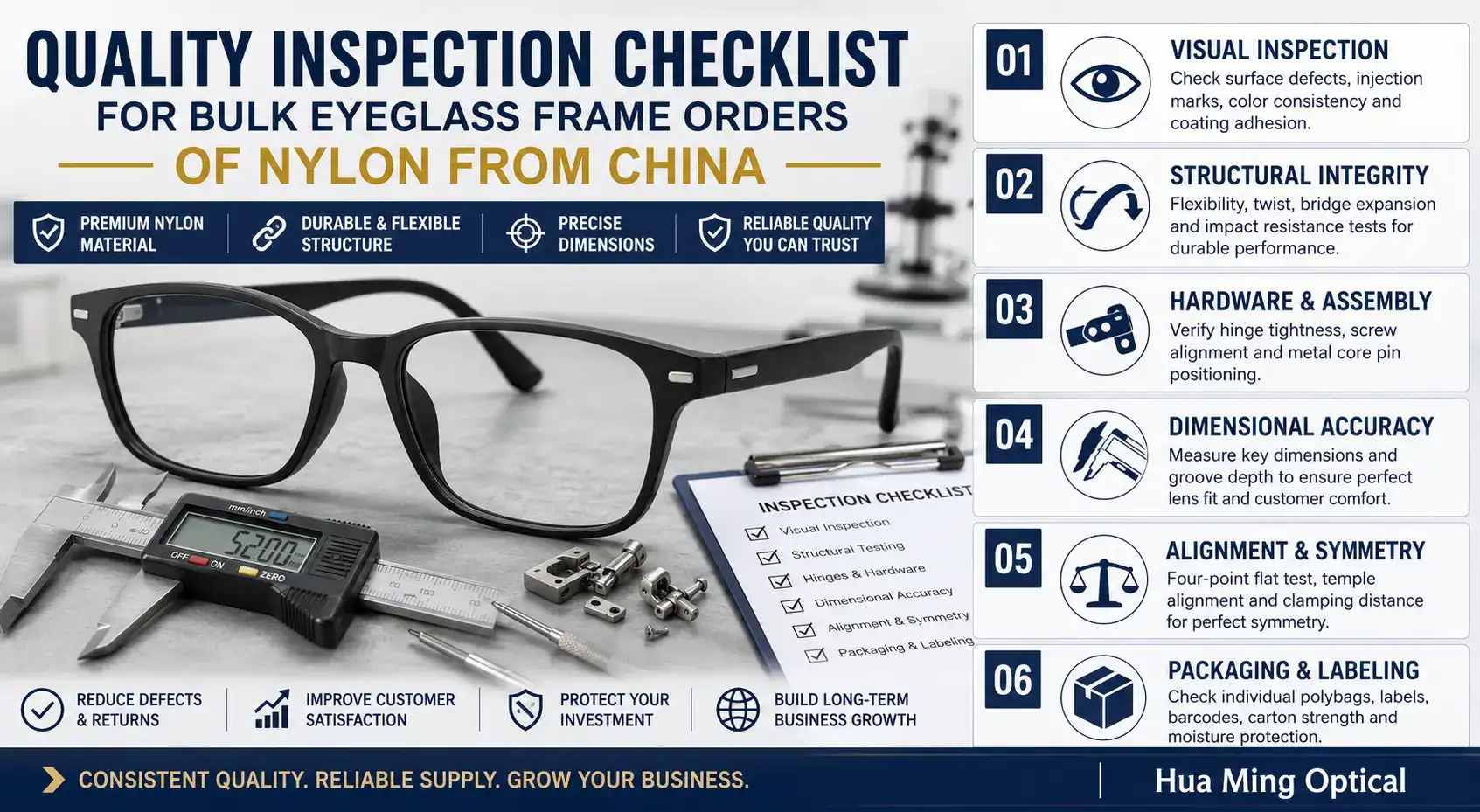 Quality Inspection Checklist for Bulk Eyeglass Frame Orders of Nylon from China