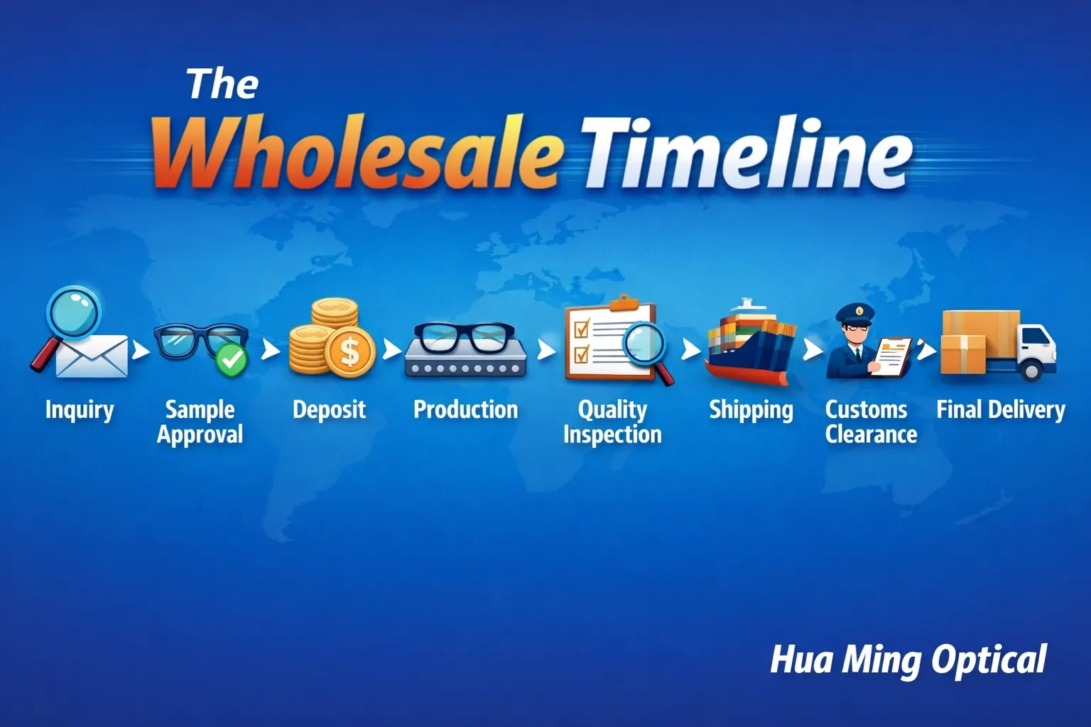 Horizontal infographic showing 'The Wholesale Timeline' stages from Inquiry to Final Delivery with icons, featuring the brand name Hua Ming Optical at the bottom right.