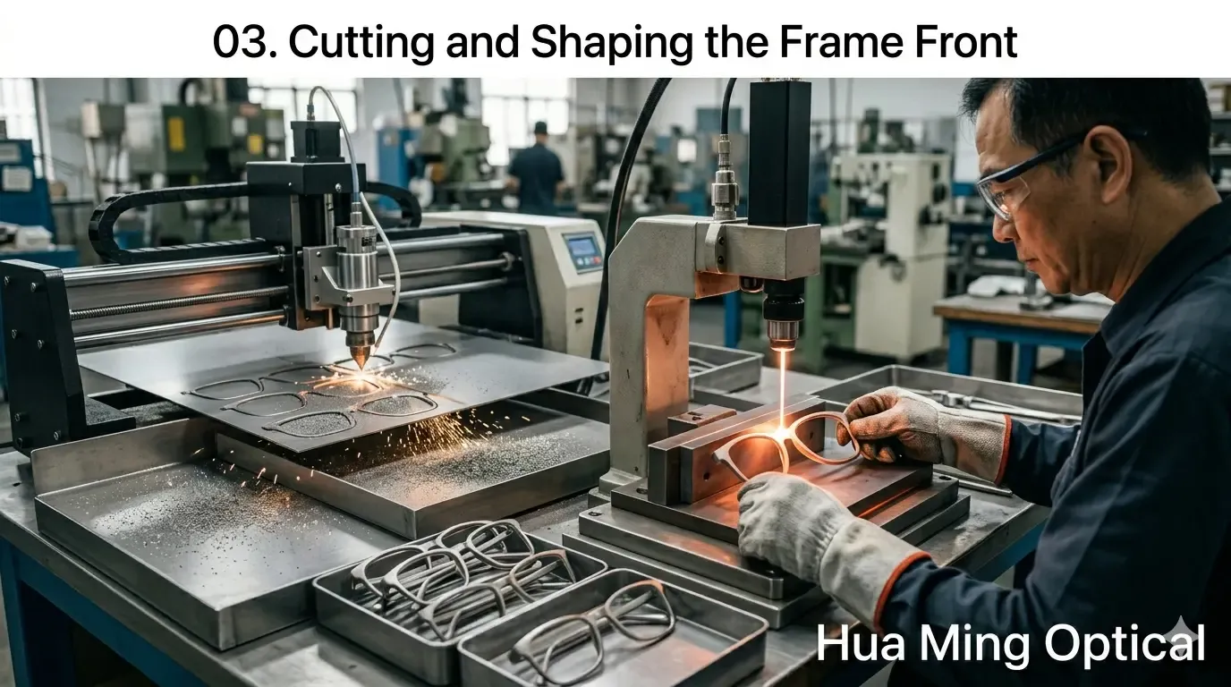 03. Cutting and Shaping the Frame Front for Metal Frames of Metal Eyeglass Frame Manufacturing Process by Hua Ming Optical