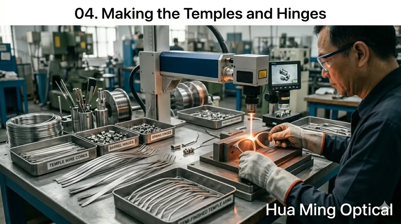 04. Making the Temples and Hinges for Metal Frames of Metal Eyeglass Frame Manufacturing Process by Hua Ming Optical