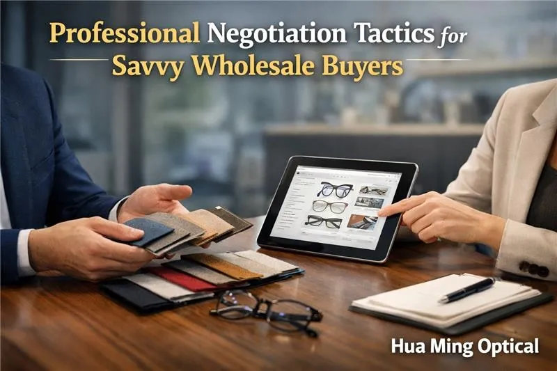 Professional Negotiation Tactics for Savvy Wholesale Buyers &ndash; B2B buyer and supplier reviewing material swatches and a digital catalog during a wholesale meeting, branded Hua Ming Optical.