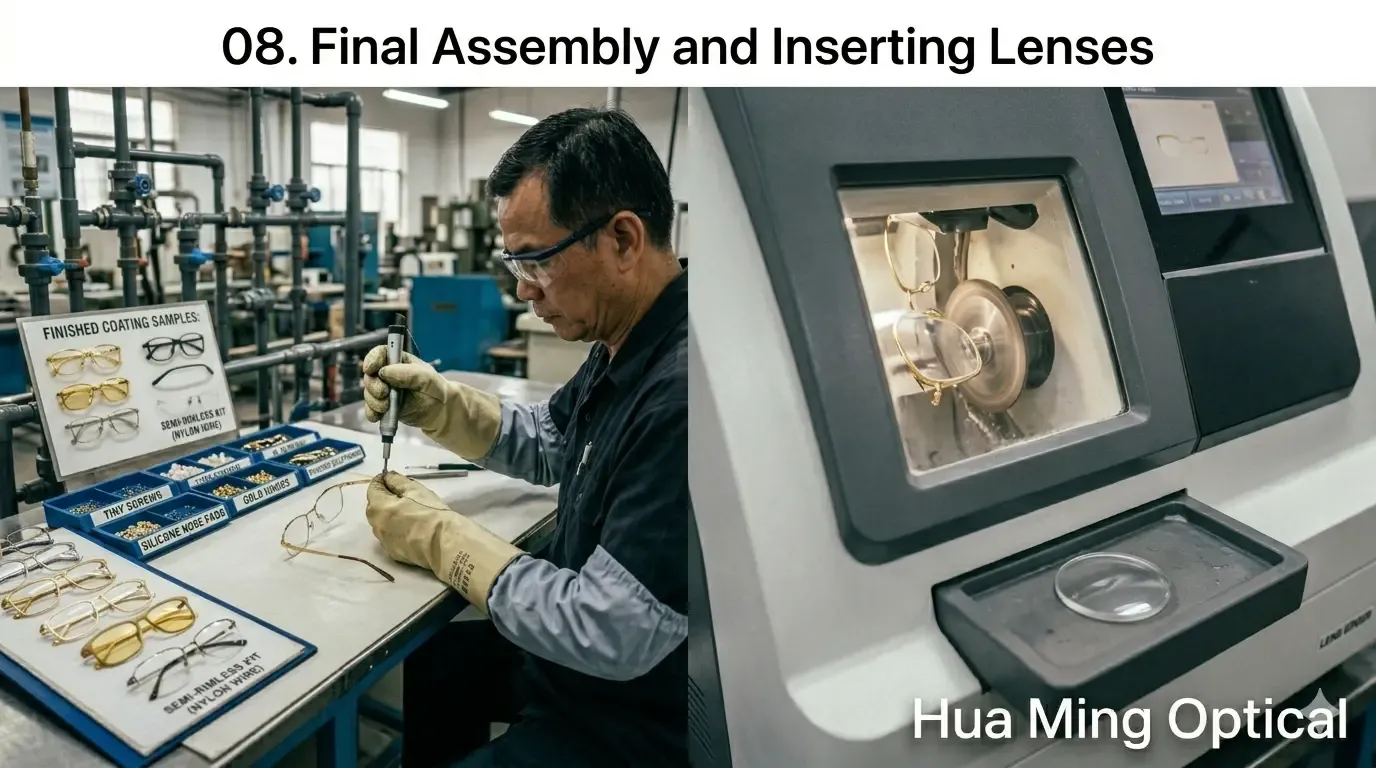 08. Final Assembly and Inserting Lenses for Metal Frames of Metal Eyeglass Frame Manufacturing Process by Hua Ming Optical
