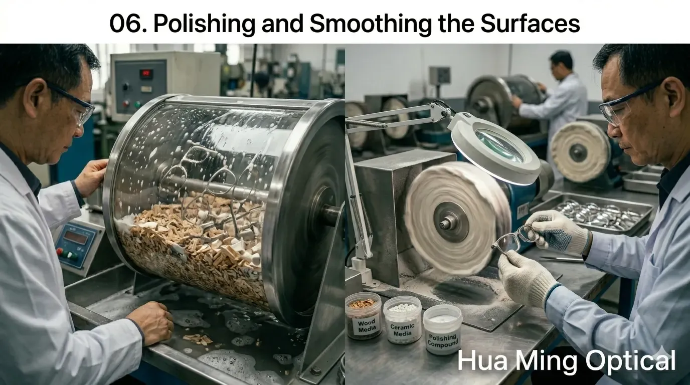 06. Polishing and Smoothing the Surfaces for Metal Frames of Metal Eyeglass Frame Manufacturing Process by Hua Ming Optical
